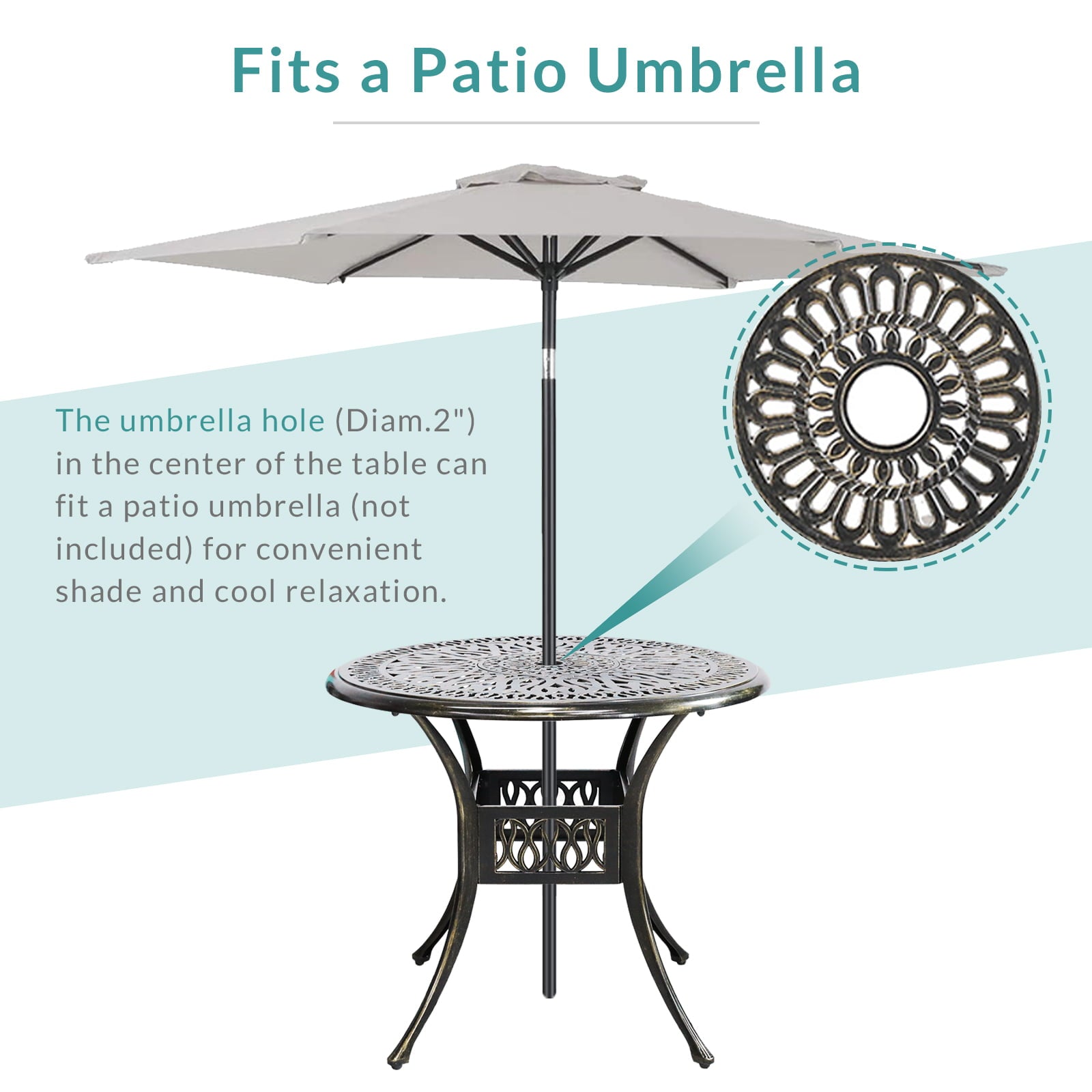 MEETWARM 5 Piece Patio Dining Set, Outdoor All-Weather Cast Aluminum Dining Table Set, Patio Furniture Set for Backyard Garden Deck, Include 4 Chairs, 4 Cushions and 1 Round Table with Umbrella Hole