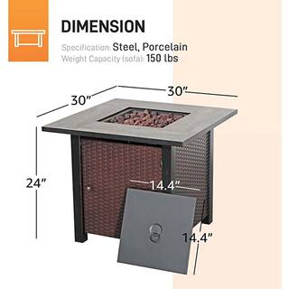 30 inch Brown Rectangular Metal Outdoor Fire Pit Table with Lid 50000 BTU Rattan Look AM1012C-63