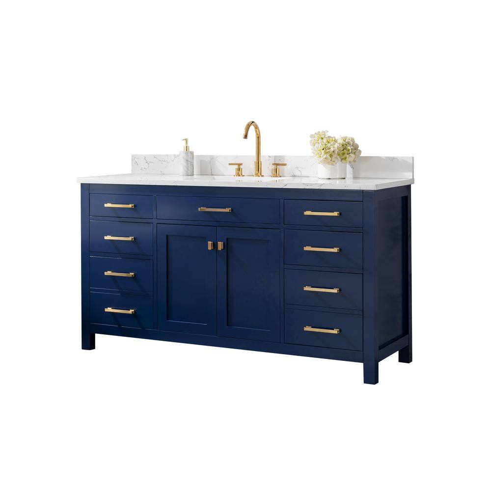 SUDIO Jasper 60 in. W x 22 in. D Bath Vanity in Navy Blue with Engineered Stone Vanity Top in Carrara White with White Basin Jasper-60NB-S