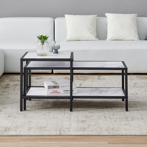 Modern Nesting coffee Table Square and Rectangle(2 pcs)， Black Metal Frame with Wood Marble Top， for Living Room Furniture