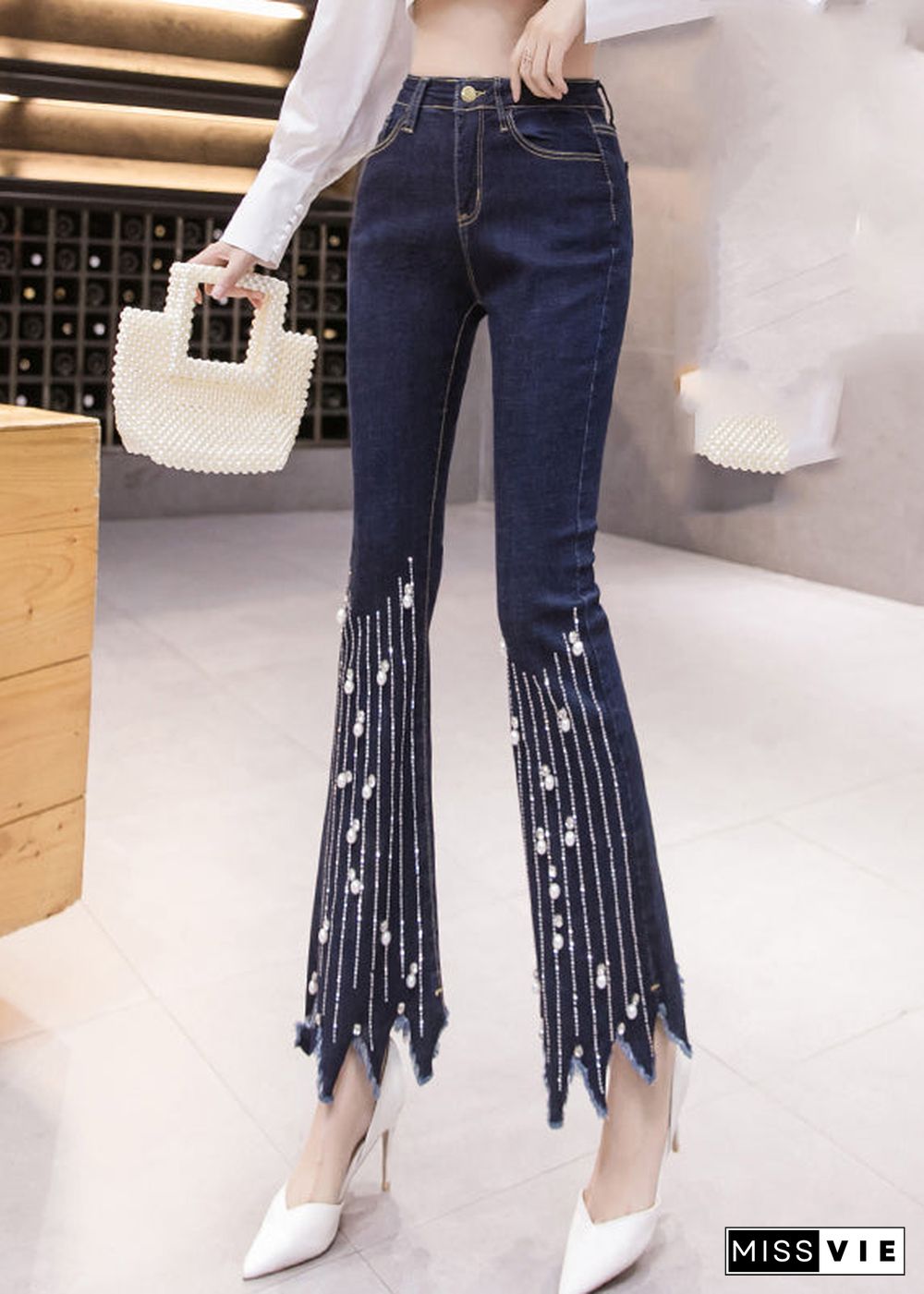 Women Blue High Waist Button Tassel Crop Jeans Spring