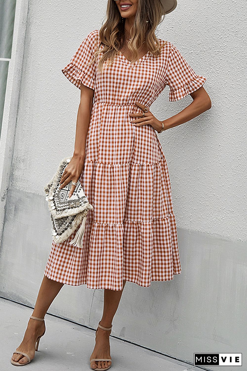 Plaid V-neck Short Sleeve Long Dress Wholesale