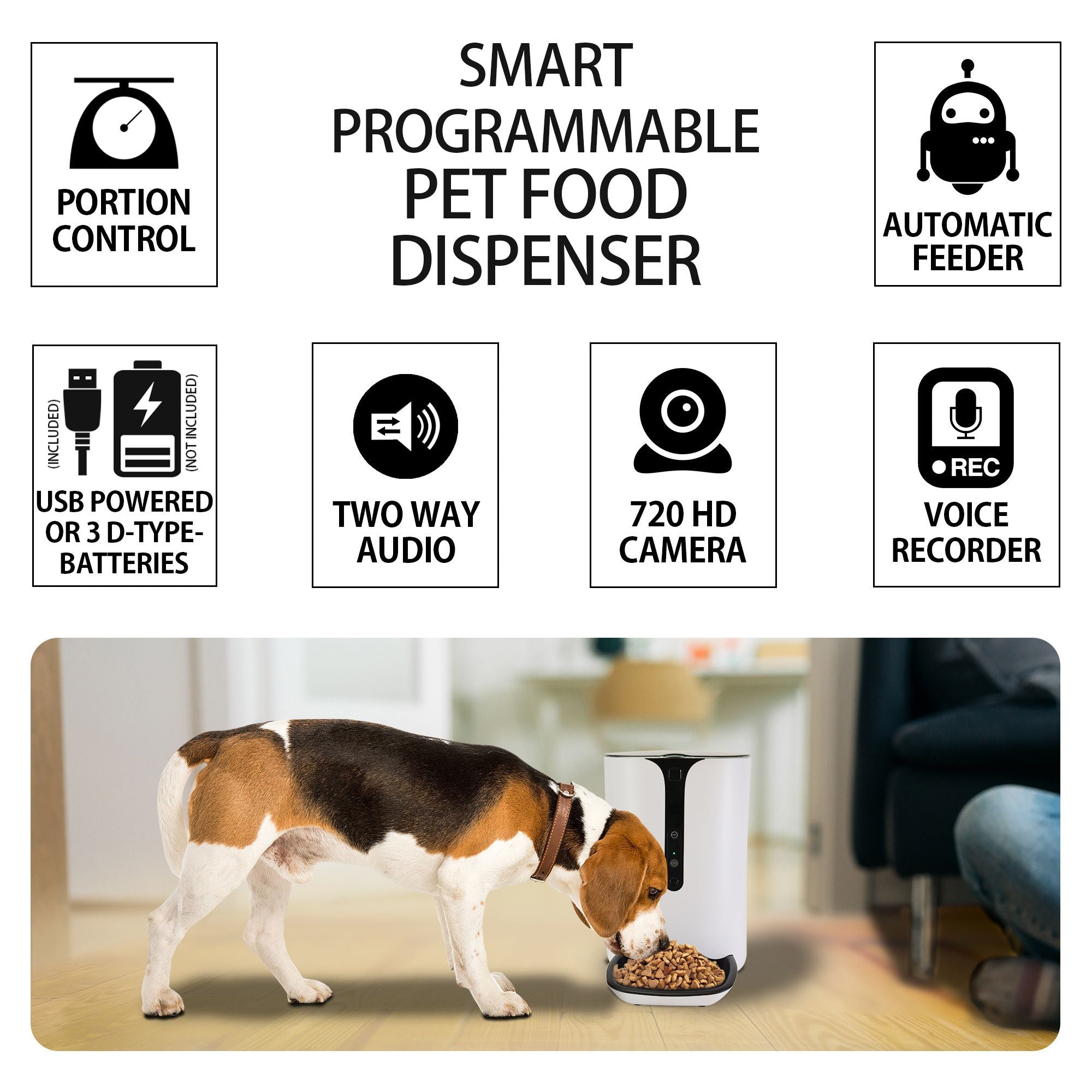 Lentek Smart Pet Feeder with 720p HD Video 2-Way Audio， 200 oz， Free App， White