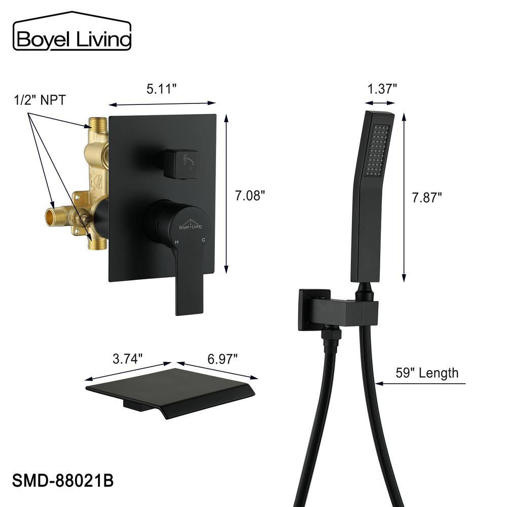 Boyel Living Single-Handle Wall Mount Roman Tub Faucet with Hand Shower in Matte Black SMD-88021B