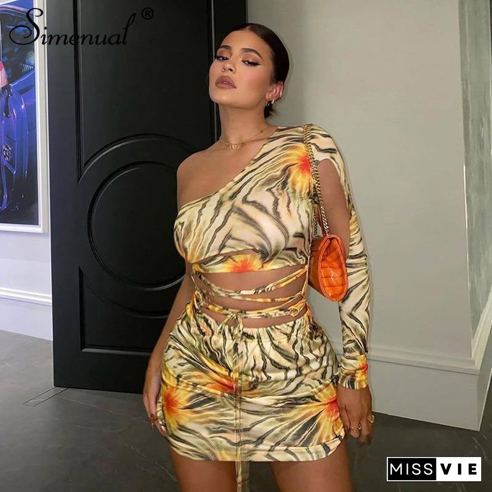 Simenual Sexy One Shoulder Bandage Party Mini Dress for Women Long Sleeve Hollow Out Fashion Fall Clubwear Print Bodycon Dresses