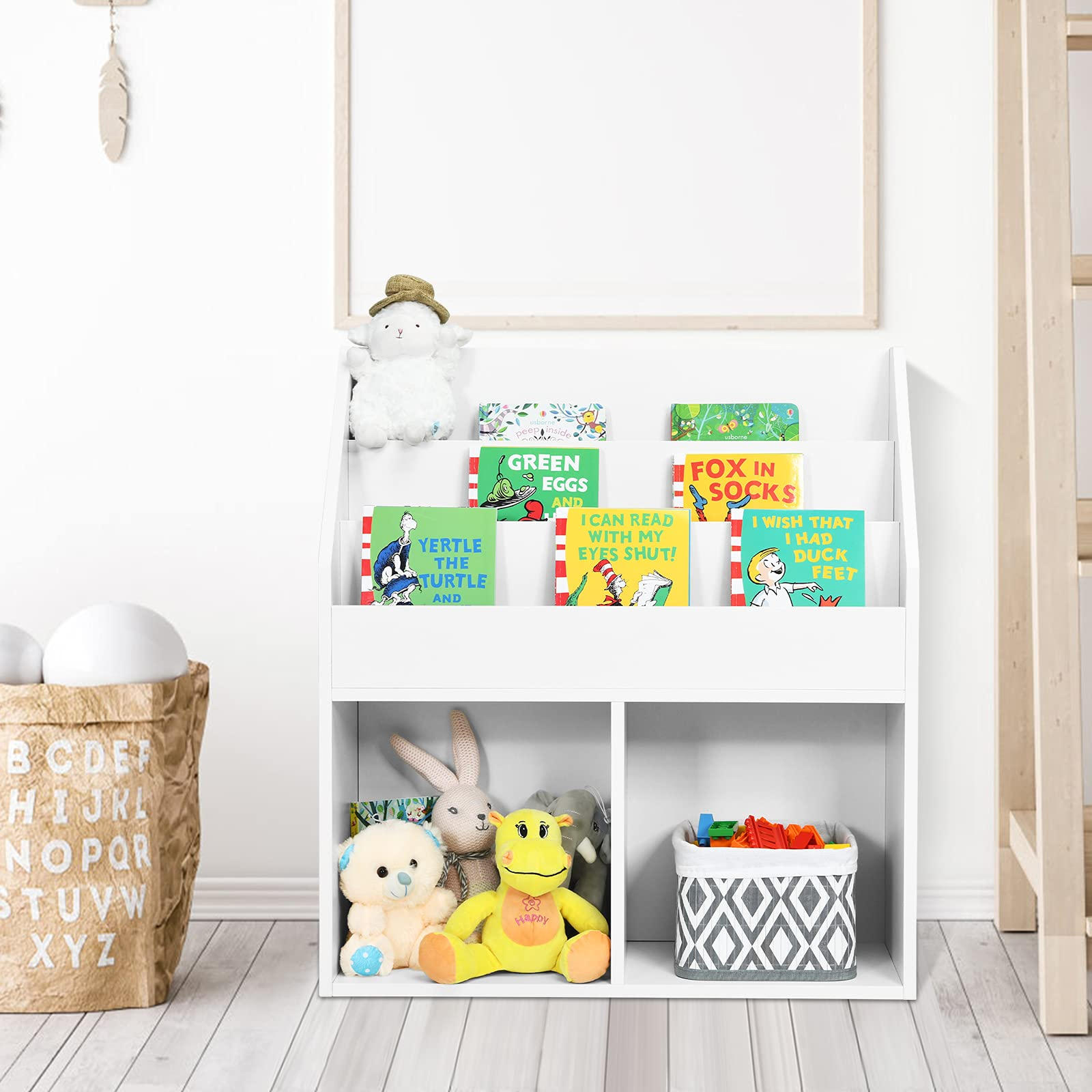 Costzon Kids Bookshelf, Wooden Toy Storage Cabinet Organizer Holder w/Shelves & 2 Large Cubes