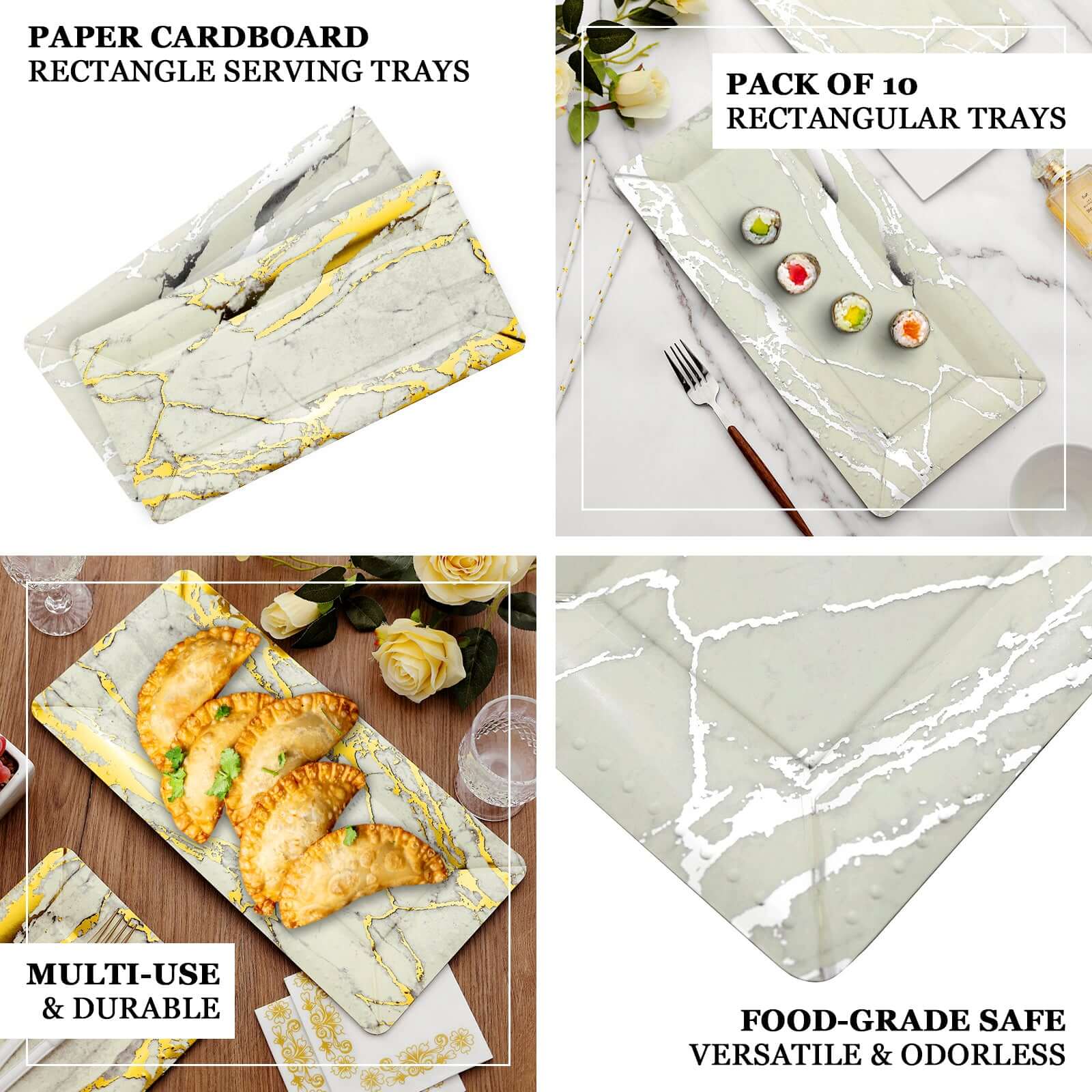 10 Pack Ivory/Gold Marble Heavy Duty Paper Serving Trays 1100 GSM 16