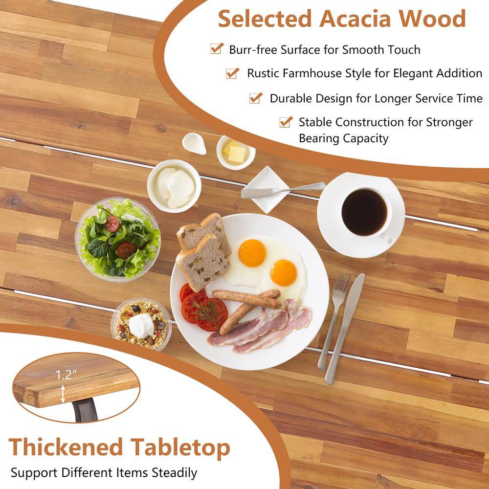 Costway Acacia Wood Outdoor Picnic Table Bench Set with 71 in. Tabletop 2 in. Umbrella Hole KC55465+