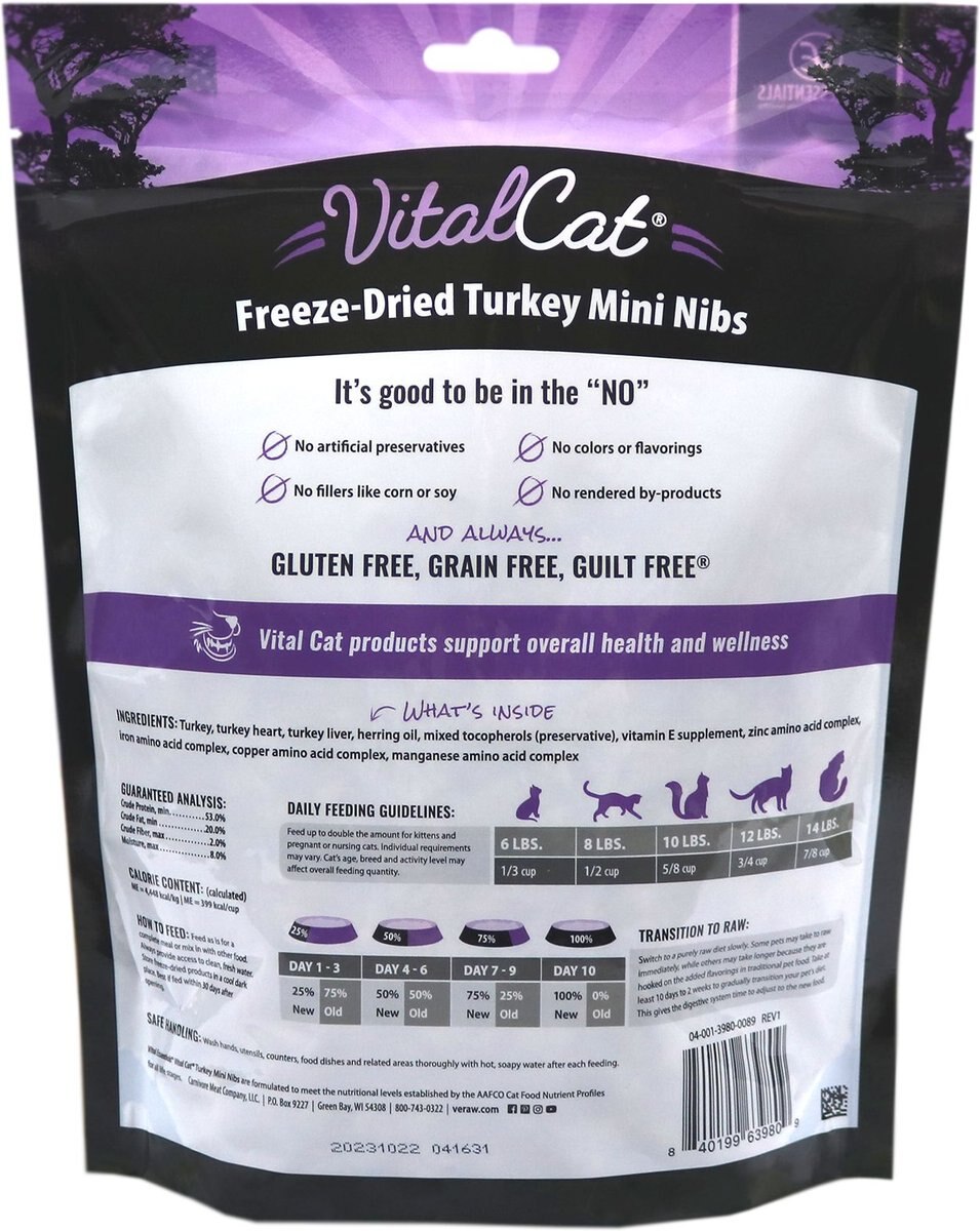 Vital Essentials Vital Cat Freeze-Dried Turkey Mini Nibs Cat Food， 8-oz bag