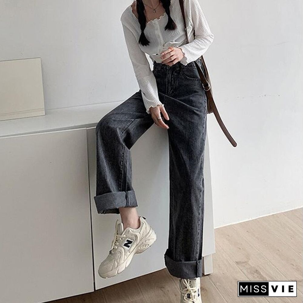 Woman Jeans High Waist Clothes Wide Leg Denim Clothing Blue Streetwear Vintage Quality Fashion Harajuku Straight Pants