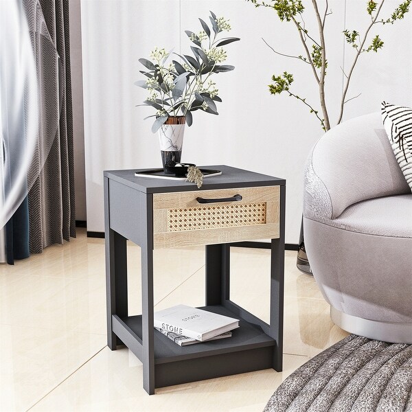 Bedroom Rattan Nightstand Side Table with Drawer for living room - - 37967538