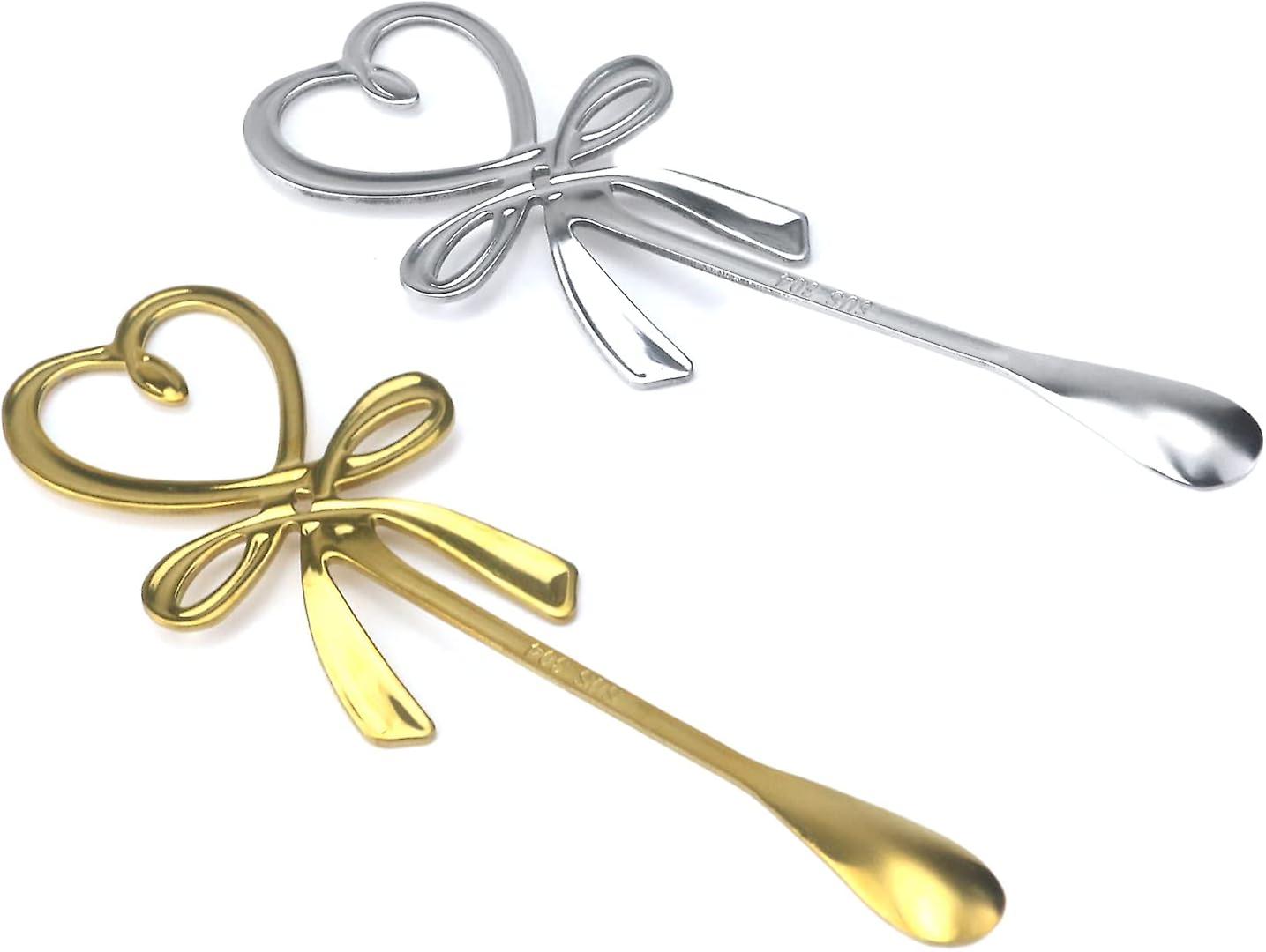 6pcs Coffee Stirring Spoons Stainless Steel Hanging Cup Spoon Heart Bowknot Shape Tea Spoon Dessert Sugar Ice Cream Spooons Gold and Silver