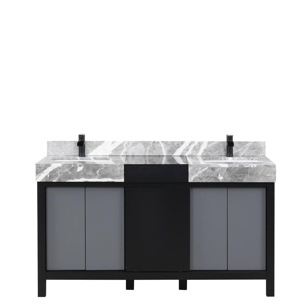 Lexora Zilara 60 in W x 22 in D Black and Grey Double Bath Vanity Castle Grey Marble Top and Matte Black Faucet Set LZ342260DLISFCM