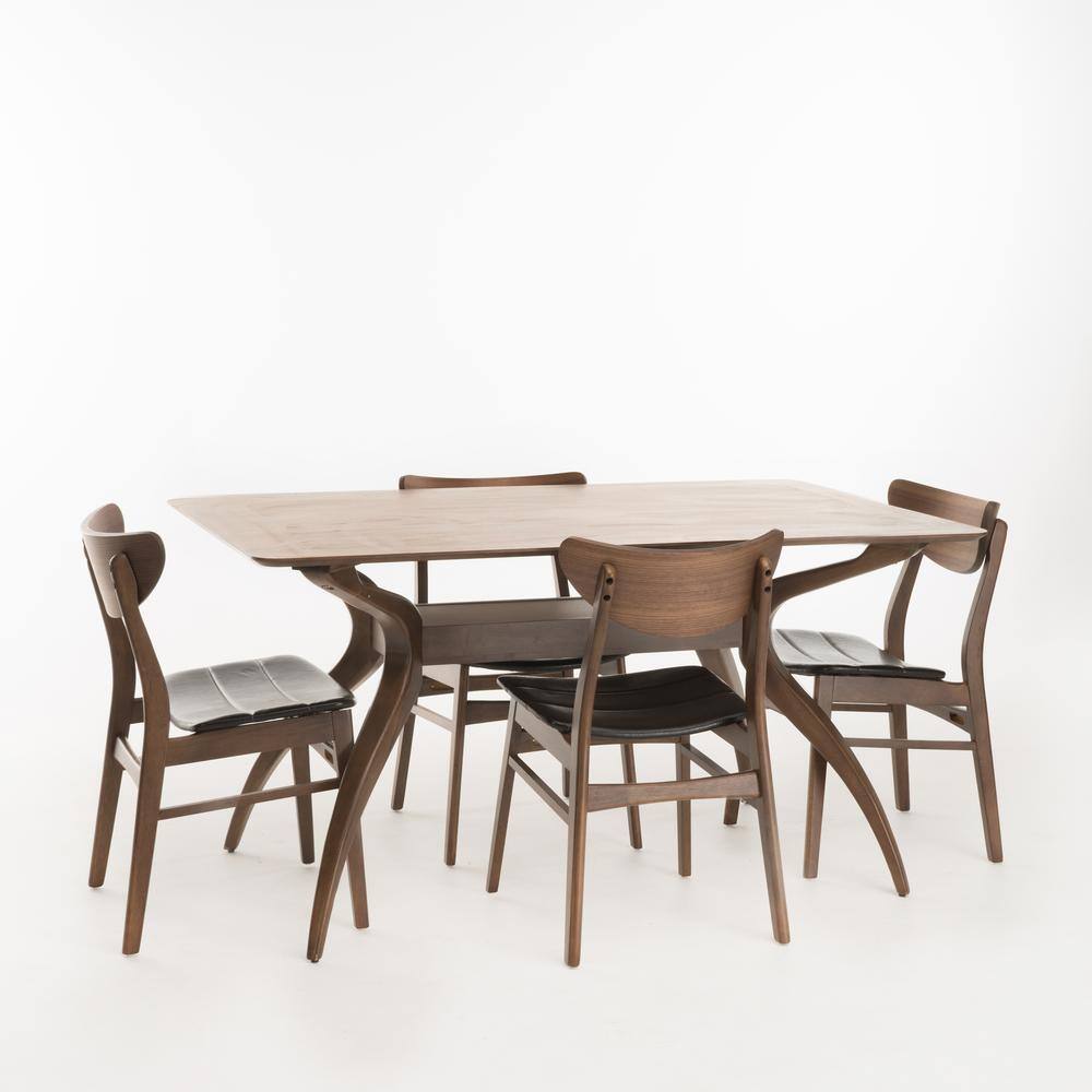 Noble House Anise 5-Piece Dark Brown Leather and Natural Walnut Dining Set 11390