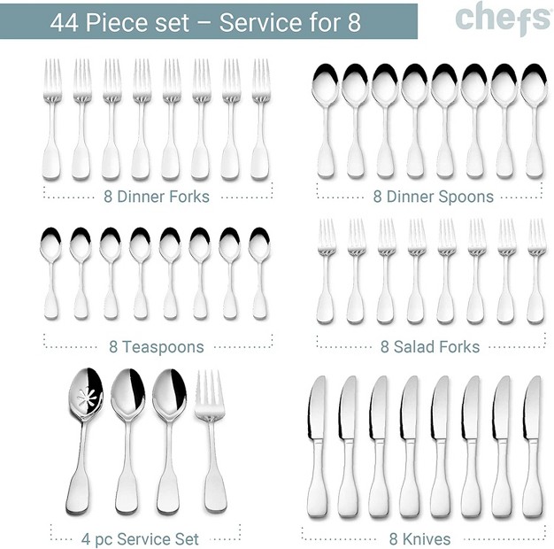 Chefs 18 10 Stainless Steel 44pc Flatware Set Service For 8 Toulon Satin