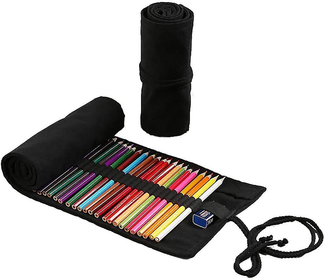 Pencil Case Boys， Roll-up Case Canvas Pencil Wrap 72 Holes Pen Holder Brush Pencil Case School Case (black)