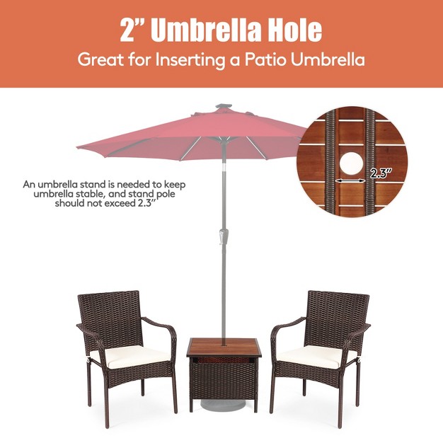 Tangkula 3 Pcs Patio Furniture Set Pe Wicker Bistro Set W acacia Wood Coffee Table amp Umbrella Hole For Backyard Garden Poolside