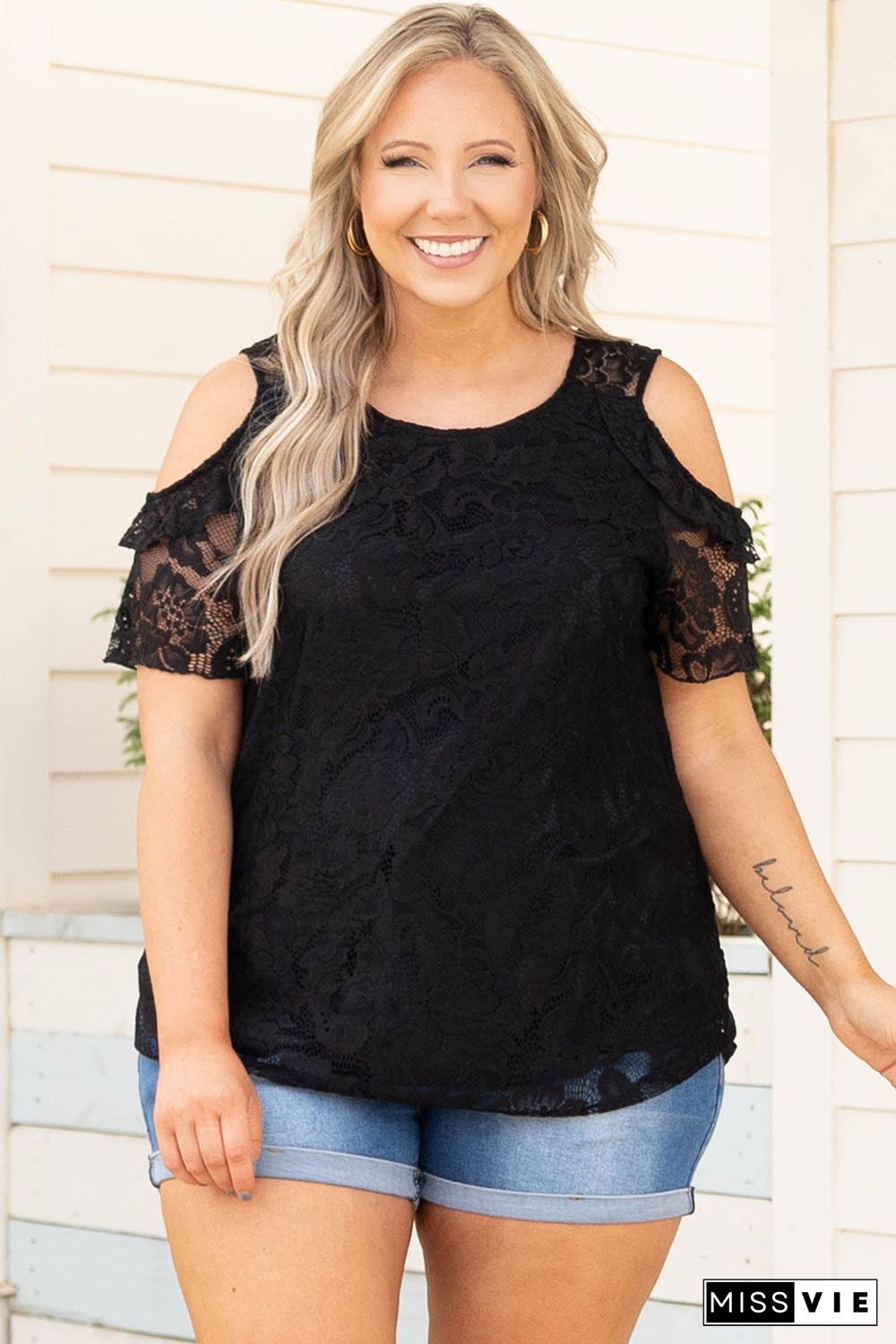 Black Floral Lace Cold Shoulder Plus Size Top