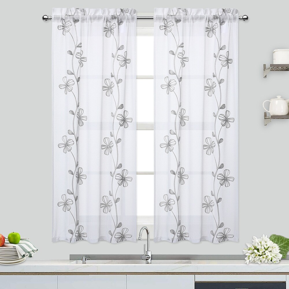 Sheer Kitchen Tier Curtains  Floral Embroidered Semi Sheer Short Curtain