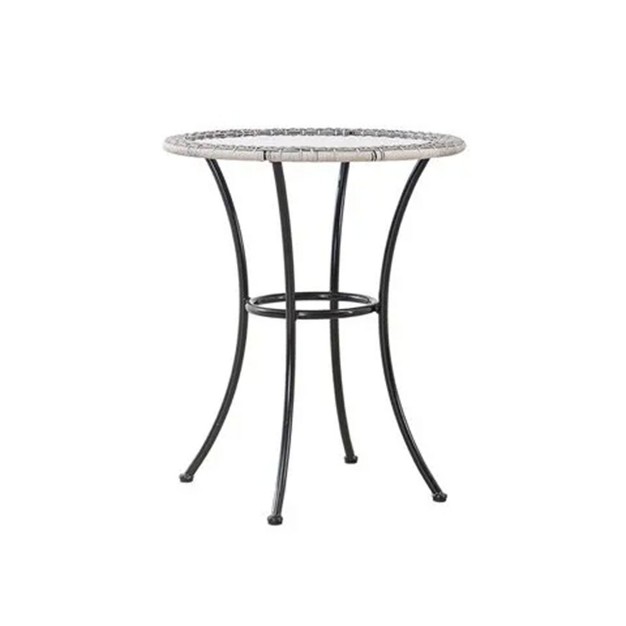 Four Seasons Courtyard 24 Inch Round Marbella Wicker Bistro Patio Table Portable Outdoor Backyard Deck Furniture With Glass Tabletop Gray black