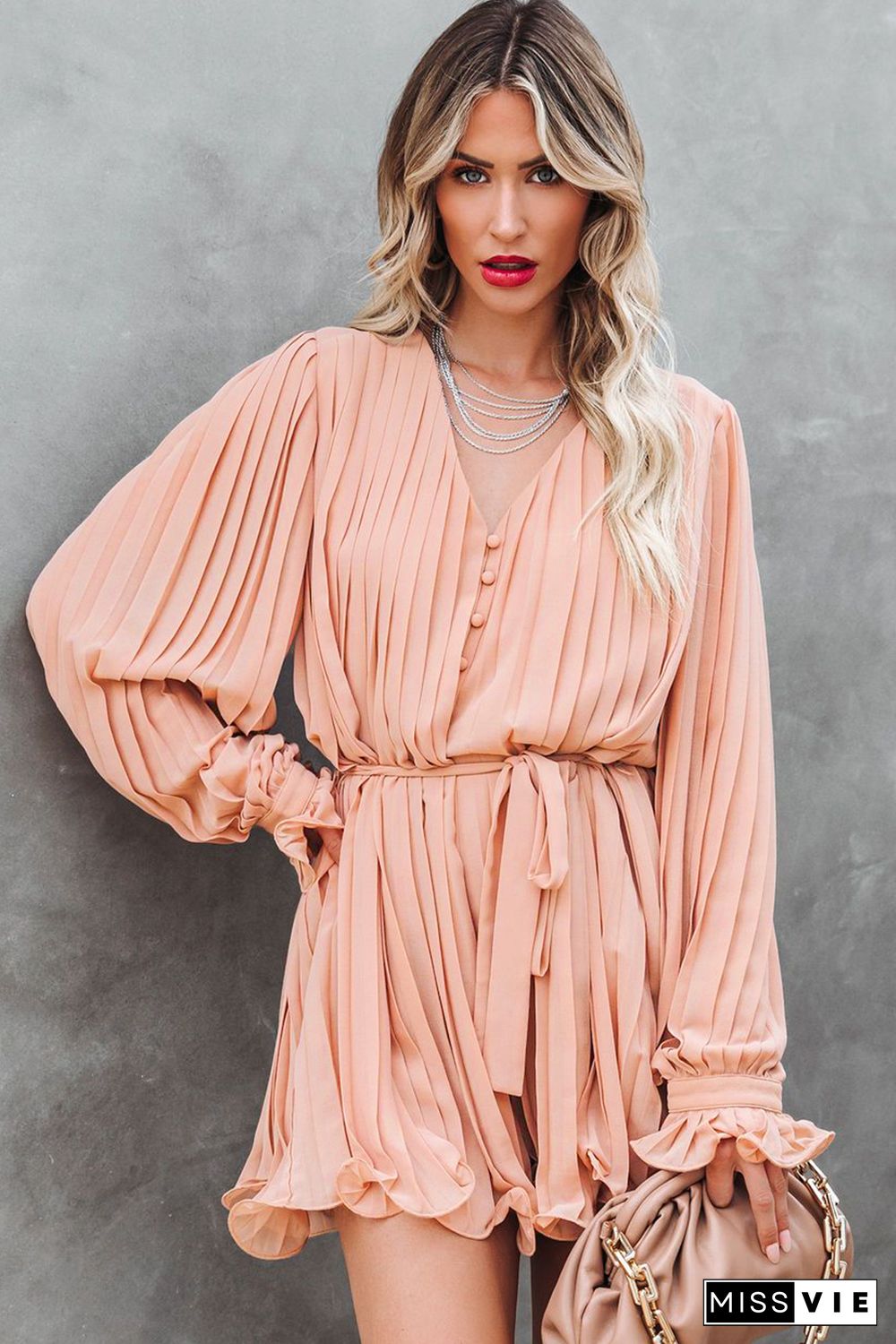 Pink Pleated Ruffled Tie Waist Buttons V Neck Romper