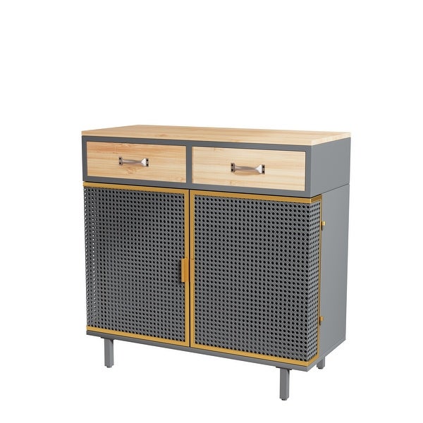 2 Drawer Sideboard Modern Closed Cabinet Furniture Decor， Made with Iron + Carbonized Bamboo for Living Room， Easy Assembly