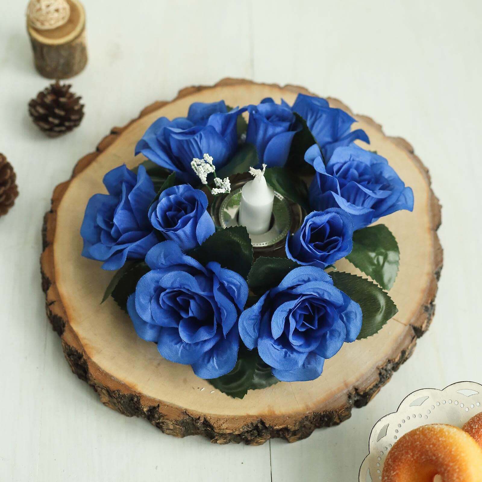 4 Pack Royal Blue Artificial Silk Rose Flower Candle Ring Wreaths 3