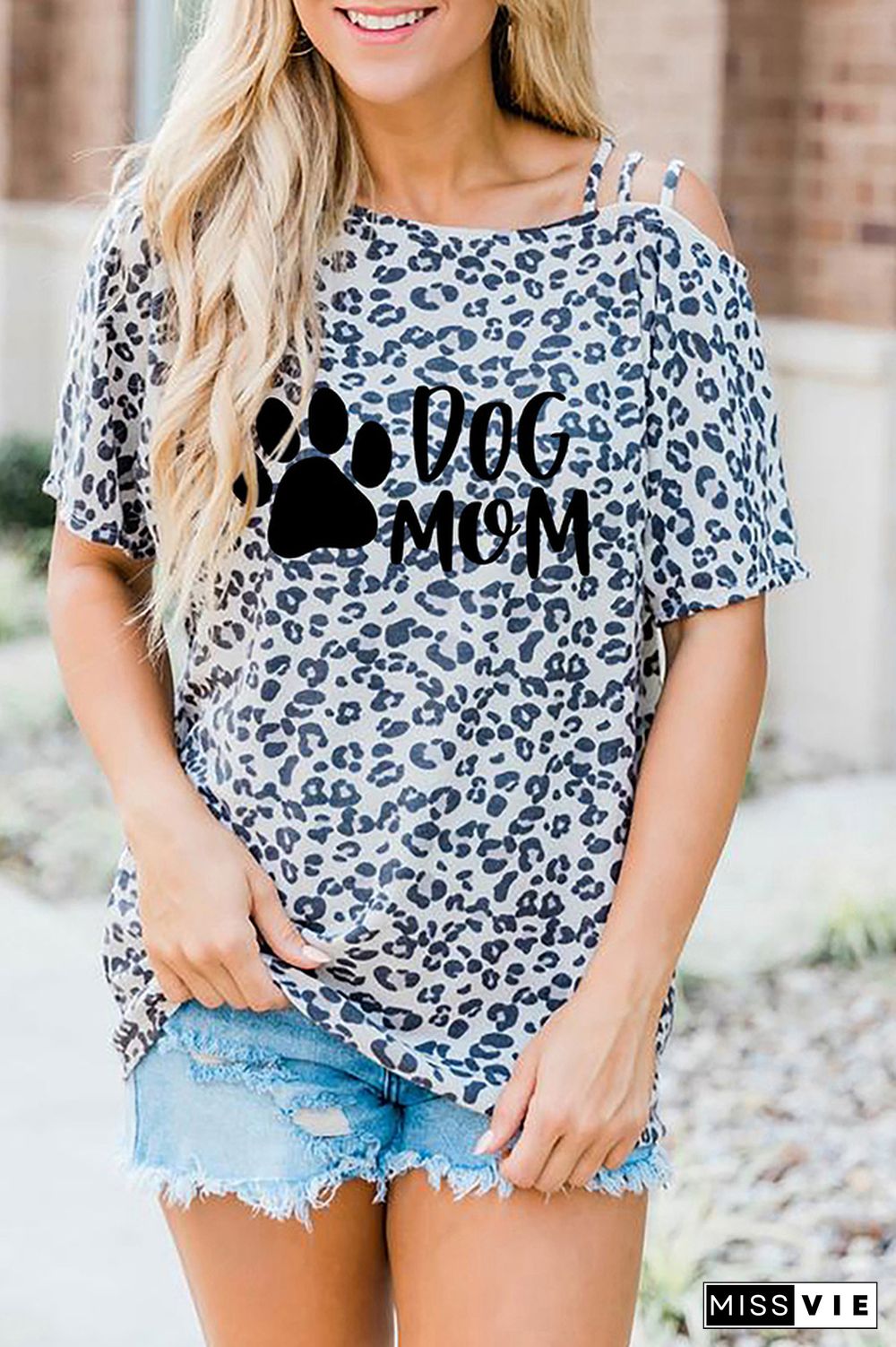 Dog Paw and MOM Leopard Print Graphic Tees for Women Wholesale Short Sleeve T shirts Top