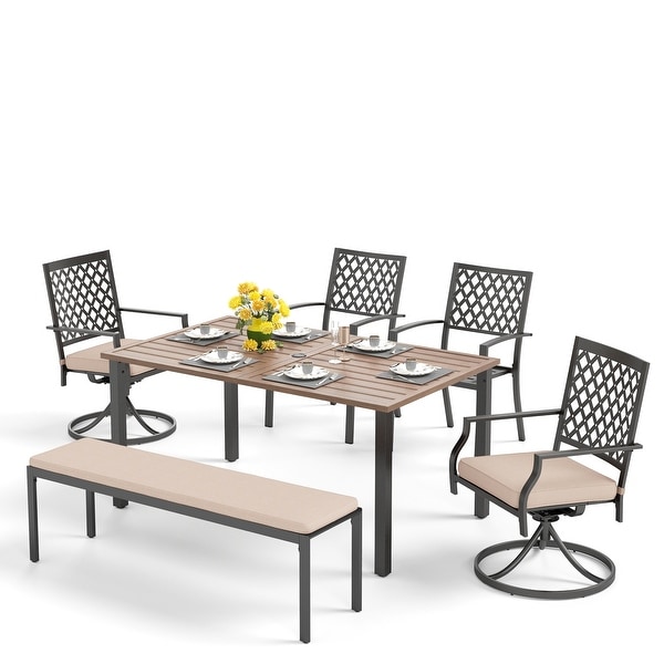 MAISON ARTS Patio Dining Set 6 Pieces with 1 Rectangle Teak Color Table，2 Swivel Chairs，2 Stackable Chairs and 1 Bench