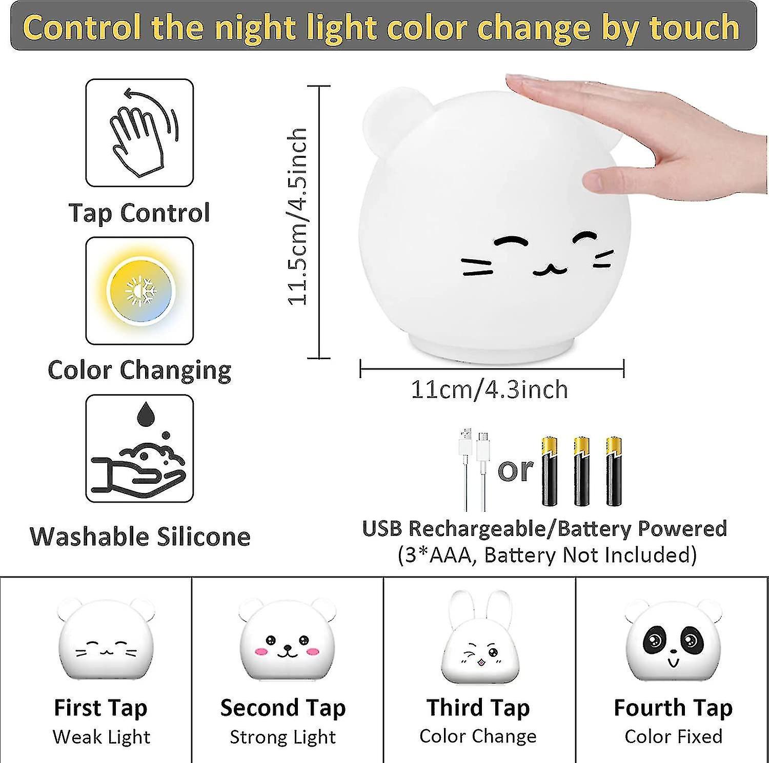 Liangnv Cute Night Lights For Kids Bedroom Cat Lamp 7 Color Changing Silicone Touch Baby Night Light