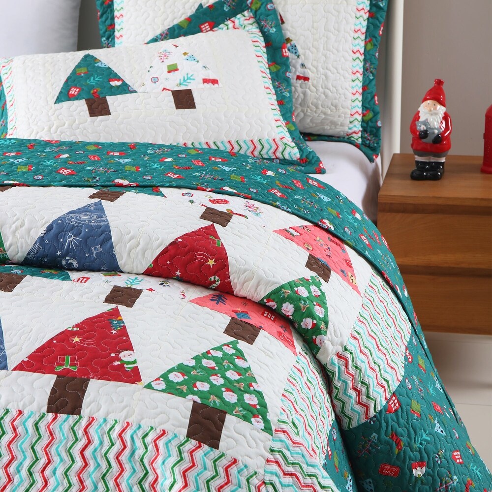 MarCielo Handcrafted Christmas Patchwork Cotton Quilt Bedspread Set 3 Piece Vintage Style Holiday Bedding