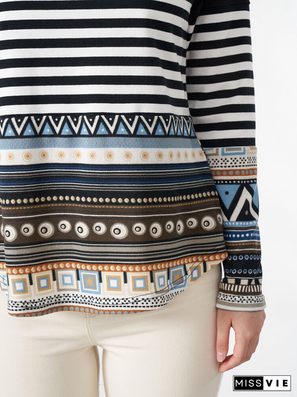 Stripe Tribal Pattern Long Sleeve Crew Neck Casual Sweatshirt