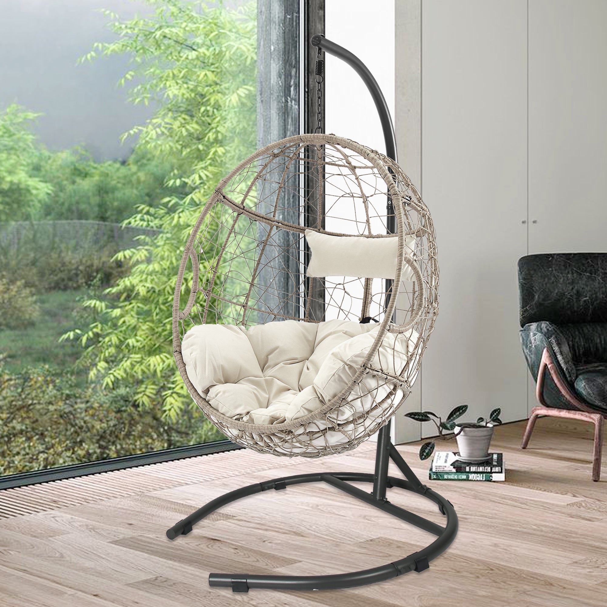 Ulax Furniture Outdoor Patio Wicker Hanging Basket Swing Chair Tear Drop Egg Chair with Cushion and Stand (Beige)