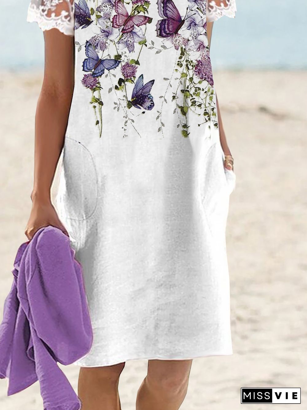 Vacation Floral Loosen Crew Neck Midi Dresses