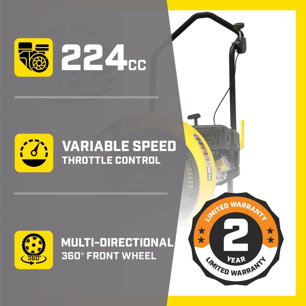 Champion Power Equipment 160 MPH 1300 CFM 224 cc Walk-Behind Gas Leaf Blower with Swivel Front Wheel and 90-Degree Flow Diverter 200947