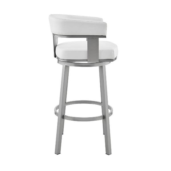 Swivel Barstool with Curved Open Back and Metal Legs， Silver and White