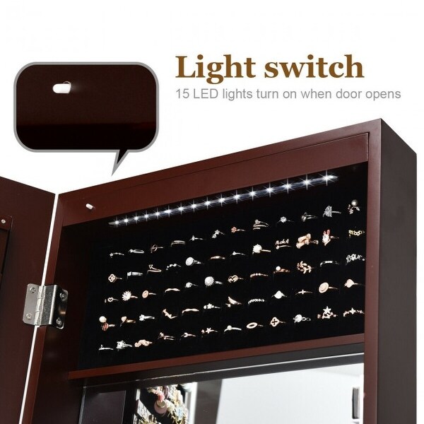 Lockable Wall Door Mounted Mirror Jewelry Cabinet with LED Lights - 14.5