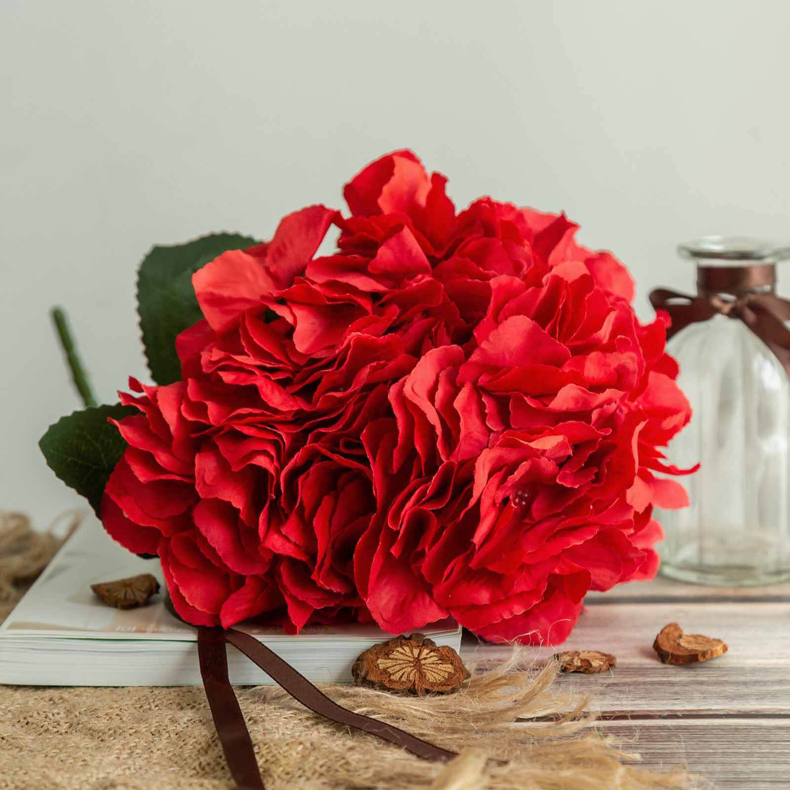 5 Bushes Red Artificial Silk Hydrangea Flower Bouquets