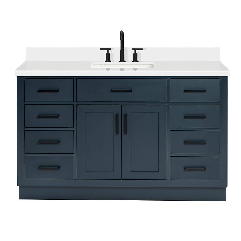 ARIEL Hepburn 55 in. W x 22 in. D Bath Vanity in Midnight Blue with Pure Quartz Vanity Top in White with White Basin T055SWQRVOMNB