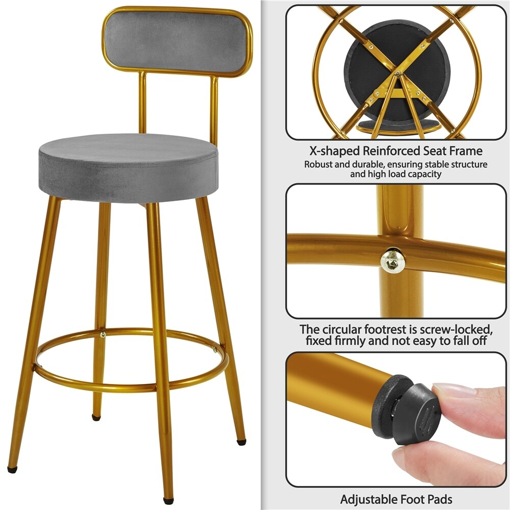 Yaheetech 2pcs Velvet Bar Stools With Gold Legs Counter height Bar Stools with Backrest and Footrest   N/A