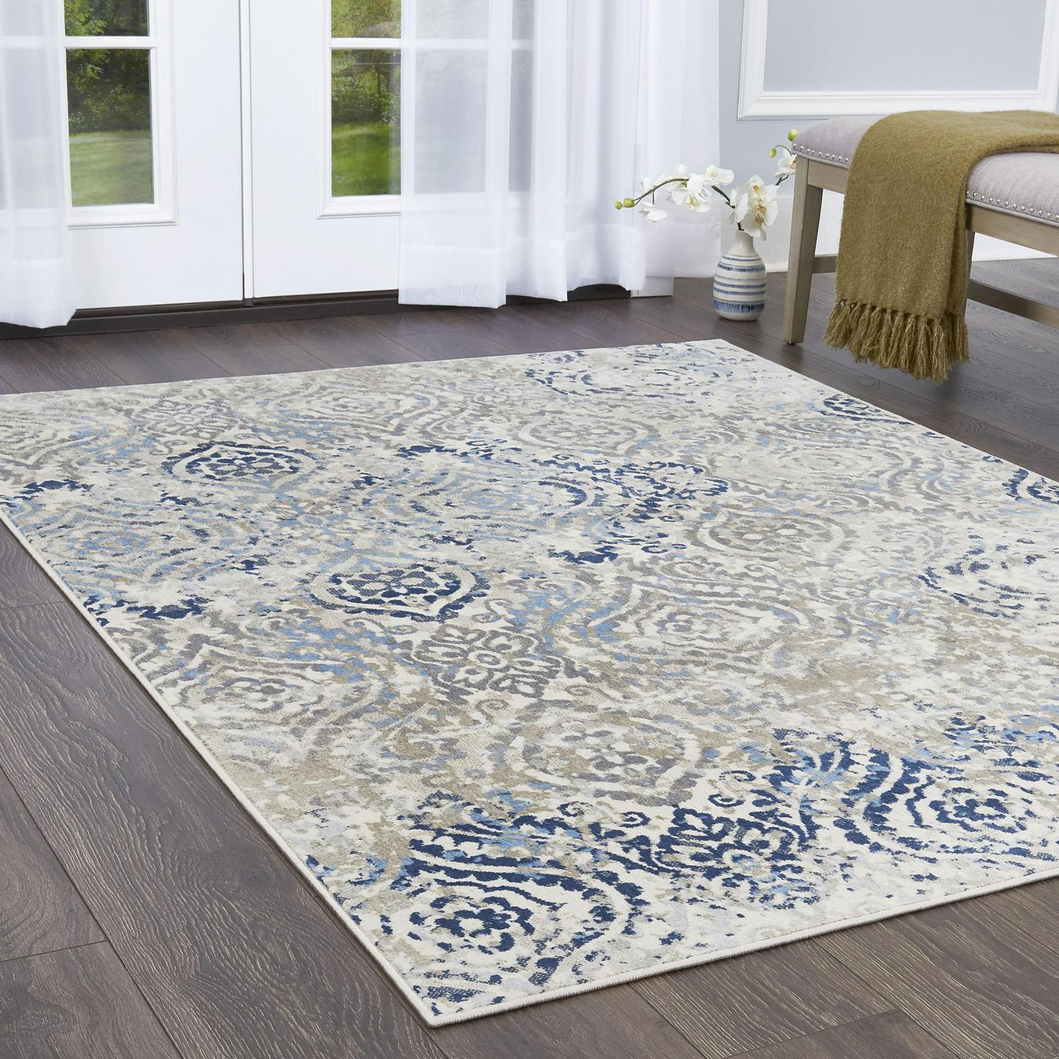 Home Dynamix Melrose Audrey Moroccan Ogee Damask Area Rug， Ivory/Blue， 52 x72