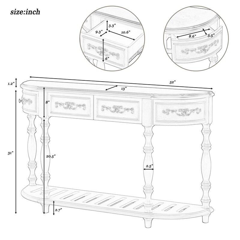 52'' Contemporary Curved Console Table with 4 Drawers  Modern Sofa Table with 1 Shelf for Living Room  Antique Blue