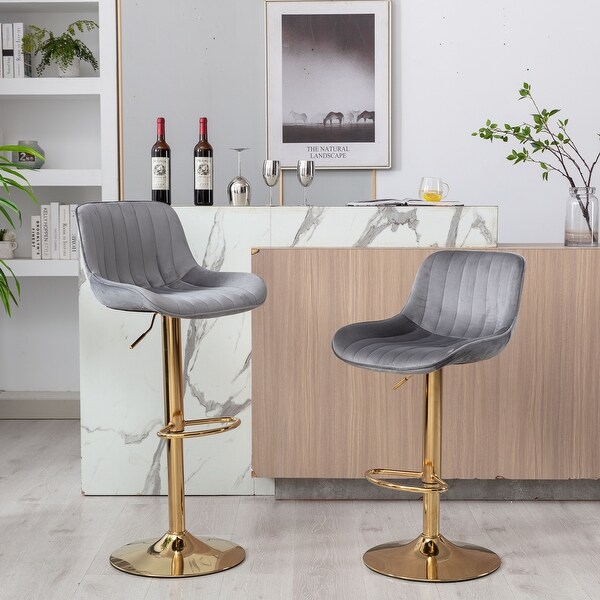 Swivel Velvet Adjustable Bar Stools with Footrest，Set of 2