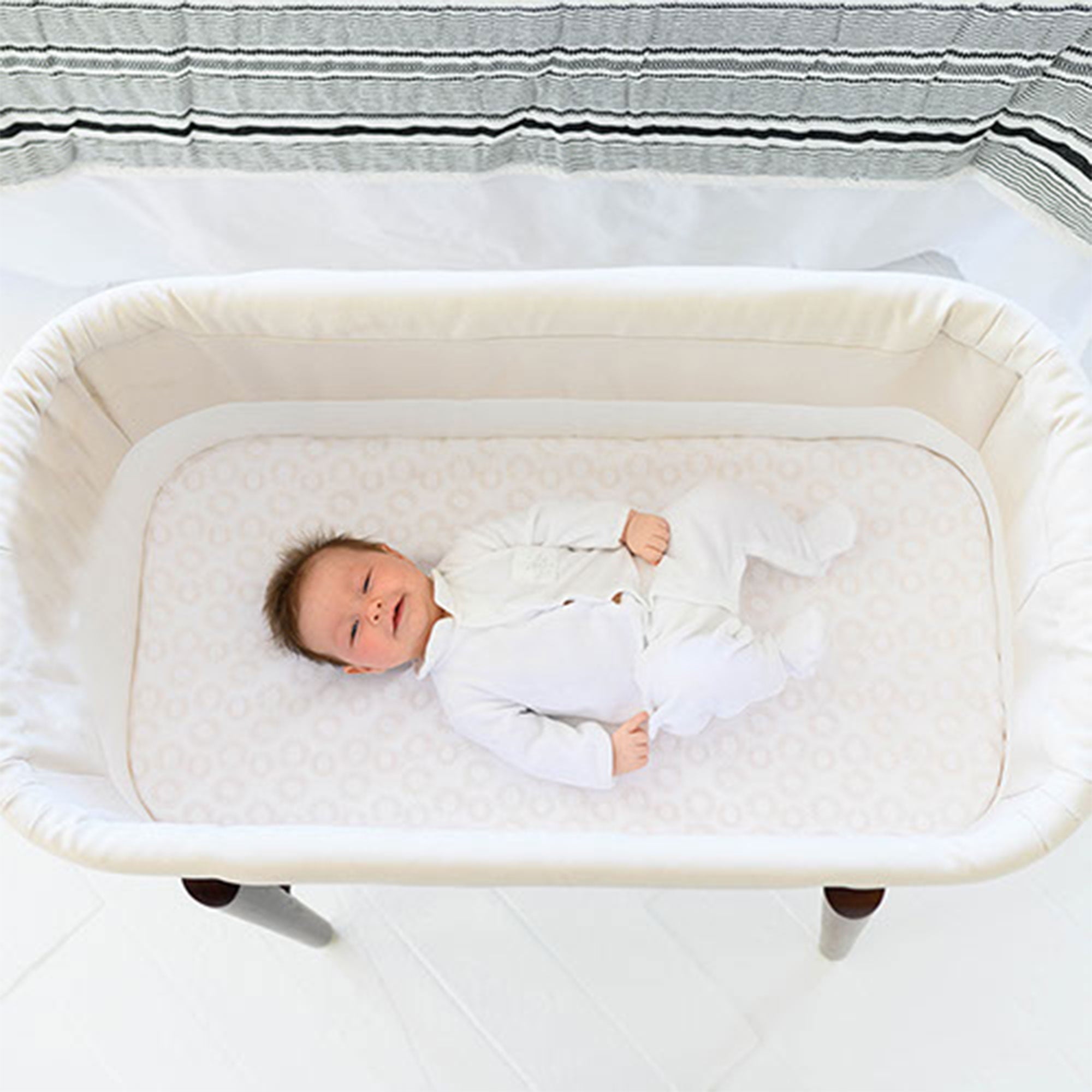 TruBliss Sova Modern Bassinet Crib Sleeper with Walnut Legs, Irish Cream