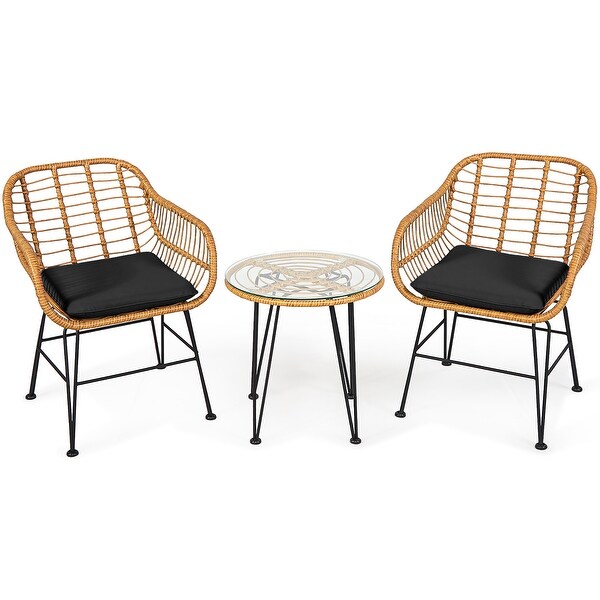 3 PCS Patio Bistro Set Rattan Conversation Set with Round Coffee Table