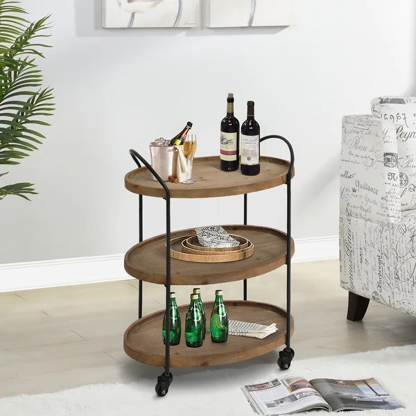 23 Inch Wood Bar Cart with 3 Tier Storage Trays and Metal Frame， Brown