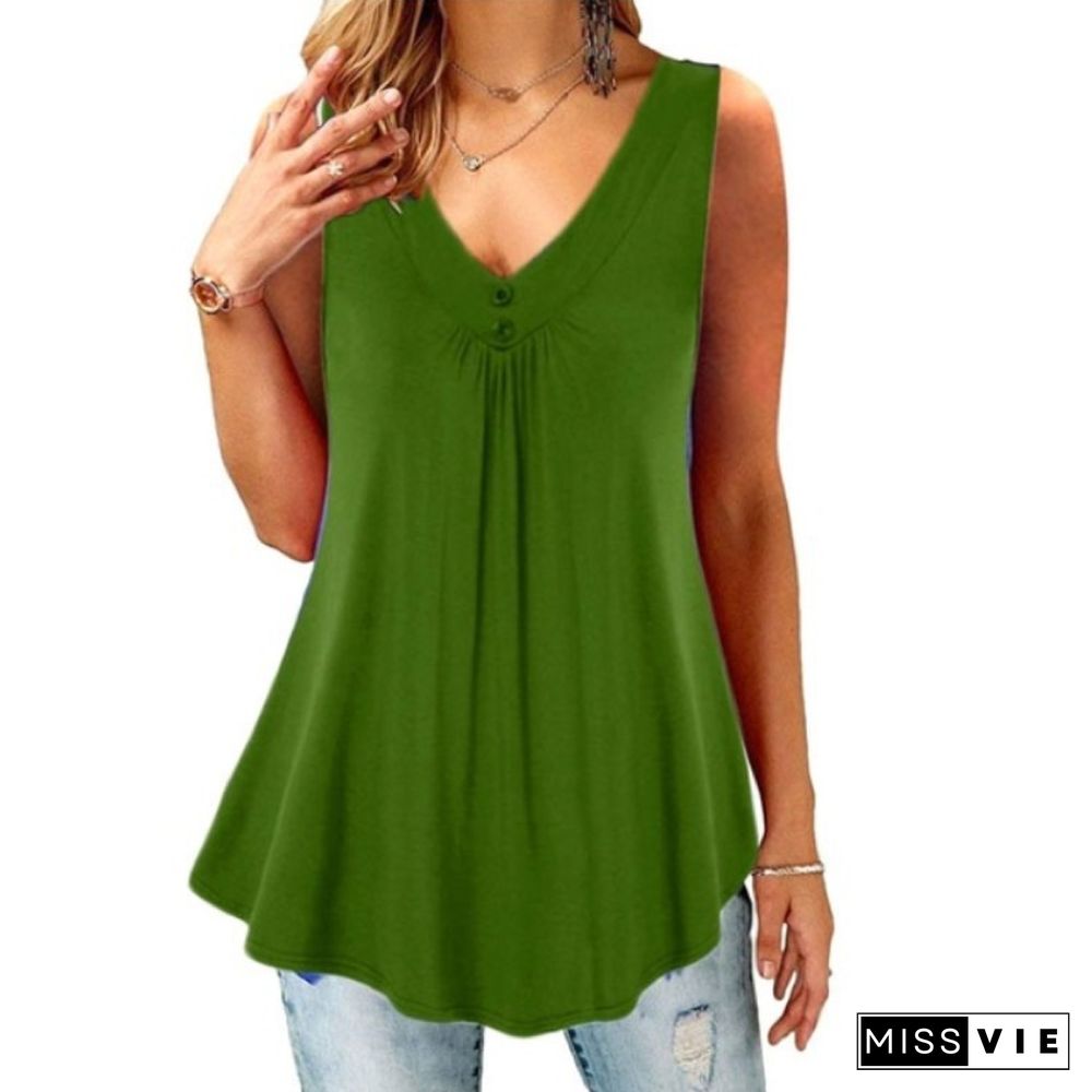 Summer Women's Solid V-Neck Pleated Button Sleeveless Loose Tank Top Ladies Casual Blouses Female Sexy Clothing Home Street Wear