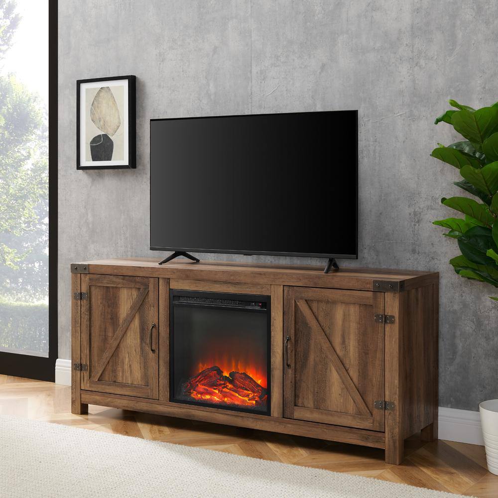 Walker Edison Furniture Company Barnwood Collection 58 in. Rustic Oak TV Stand fits TV up to 65 in. with Barn Doors and Electric Fireplace HD58FPBDRO