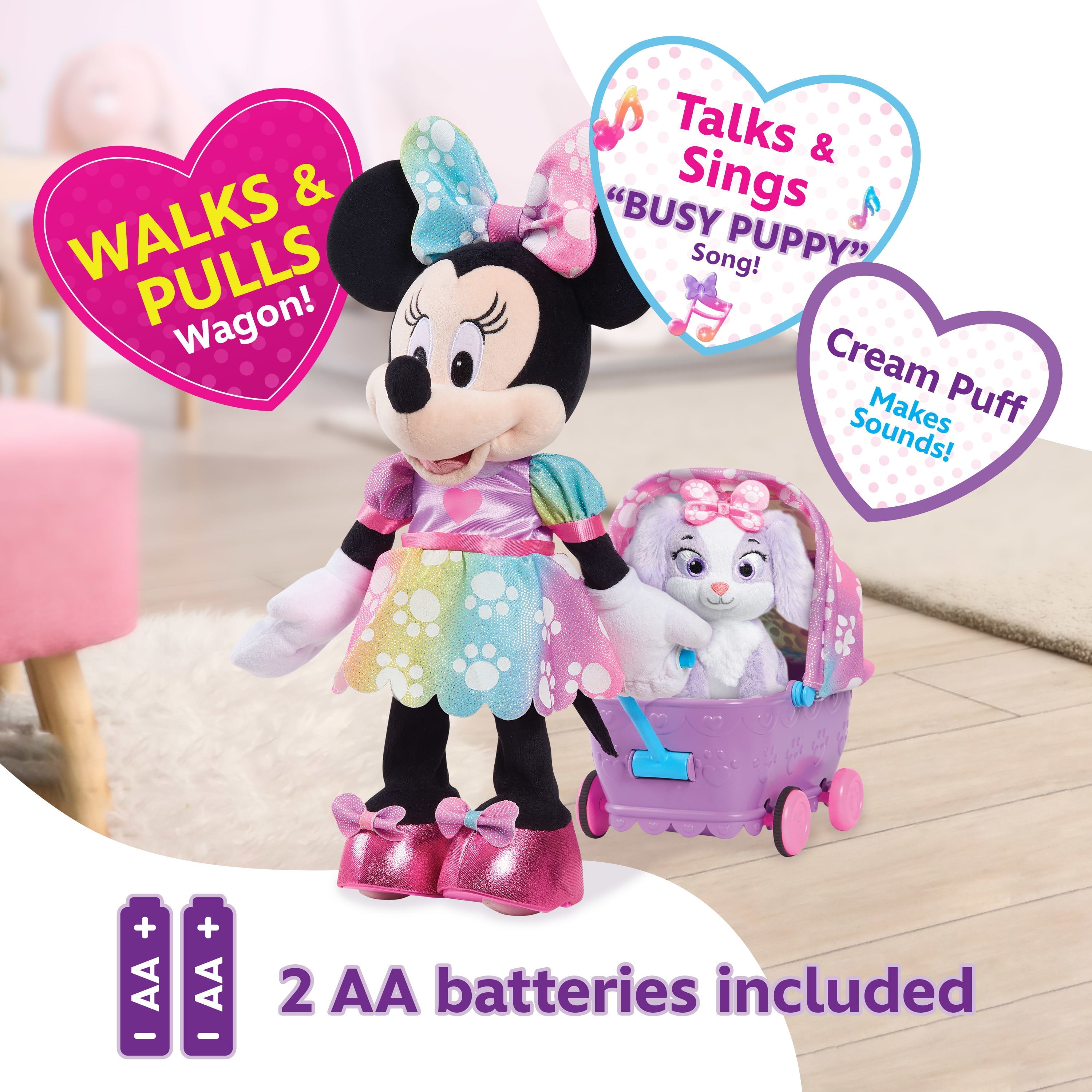 Disney Junior Minnie Mouse Waggin’ Wagon Lights and Sounds Feature Plush, Officially Licensed Kids Toys for Ages 3 Up, Gifts and Presents