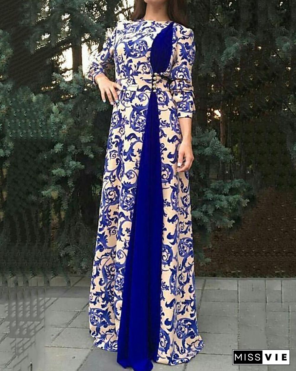 Women's Maxi long Dress - 3/4 Length Sleeve Paisley Patchwork Print Fall Winter Plus Size Hot Elegant Black Blue Red Brown S M L XL XXL 3XL 4XL 5XL